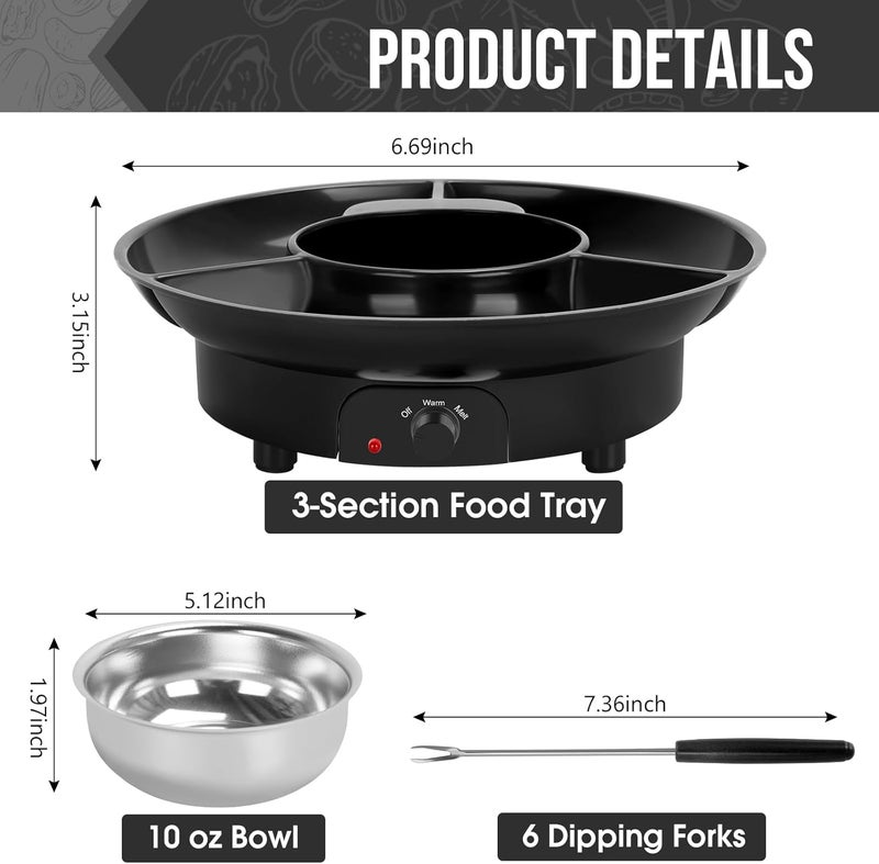 VAlinks Electric Chocolate Melting Pot Chocolate Fondue Pot Set 3-Section Serving Trays with 6pcs Dipping Forks Perfect for Housewarming Christmas Party Gifts (Black) - Image 2